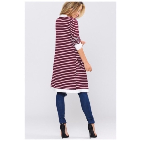 Burgundy Striped Open Front Cardigan With Pockets - Picture 5 of 5